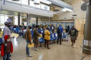 The waiting area at Thembisa Hospital, where Covid-19 admissions have fallen sharply recently -- though there are fears a third wave could be on its way. By Guillem Sartorio (AFP)