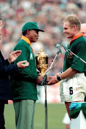 Then South Africa president Nelson Mandela wore a Springboks jersey to the 1995 World Cup final in Johannesburg. By JEAN-PIERRE MULLER (AFP)