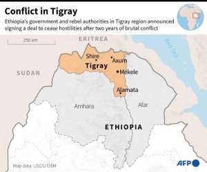Map of Ethiopia locating Mekele in Tigray.. By Simon MALFATTO (AFP)