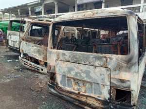 Torched: Vehicles at Buea bus terminal after clashes in July 2018. By - (AFP)