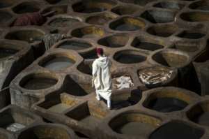 Tourists, their noses covered with mint leaves to ward off the stench, congregate on terraces overlooking the tanneries to snap pictures of the men working below, using the same methods as their ancestors did.. By FADEL SENNA (AFP)