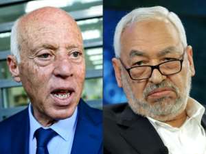 Tunisian President Kais Saied, on the left, and Ennahdha Islamist party founder Rached Ghannouchi. By FETHI BELAID, Eric PIERMONT (AFP/File)