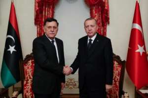 Turkish President Recep Tayyip Erdogan presented himself on February 20 with Libyan National Accord (GNA) head of government Fayez al-Sarraj in Istanbul.  By - (TURKISH PRESIDENTIAL PRESS SERVICE / AFP / Dossier)