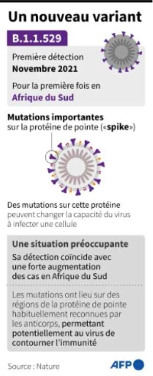 Informations connues sur le variant B.1.1.529 du Covid-19 détecté en novembre 2021 en Afrique du Sud. By John SAEKI (AFP)