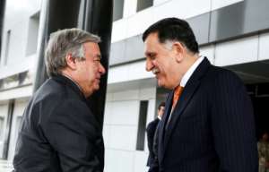 United Nations Secretary-General Antonio Guterres met in Tripoli with the head of the Union Government, Fayez al-Sarraj, as fears of a clash grow up Prime Minister of the Union Government Libyan leader Fayez al-Sarraj (R) shakes hands with United Nations Secretary-General Antonio Guterres at his office in Libya capital Tripoli on April 4, 2019 .. By - (AFP)
