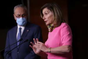 US House speaker Nancy Pelosi and Senate minority leader Chuck Schumer take part in a news conference August 7, 2020 on Capitol Hill in Washington over the failed talks with the Trump administration on a major relief package. By ALEX WONG (GETTY IMAGES NORTH AMERICA/AFP/File)