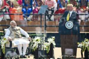 US President Donald Trump speaks during a February 2020 rally in the Indian state of Gujarat next to Prime Minister Narendra Modi, who shares some of the US leader's inclinations. By Money SHARMA (AFP/File)