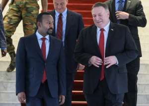US Secretary of State Mike Pompeo (R) and Ethiopian Prime Minister Abiy Ahmed discussed Ethiopia's upcoming elections. By ANDREW CABALLERO-REYNOLDS (POOL/AFP)