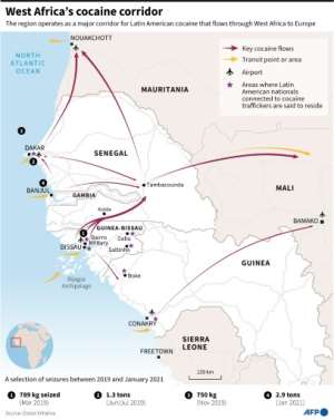 Map showing key cocaine flows in West Africa and a selection of seizures between 2019 and January 2021. By Eléonore HUGHES (AFP)