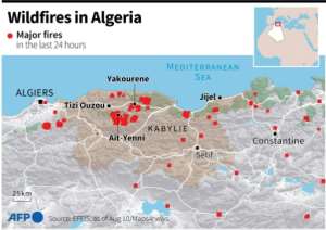 Map of northern Algeria locating major fires in the last 24 hours. By Cléa PÉCULIER (AFP)