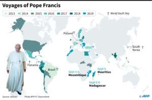 World map showing the voyages of Pope Francis. By Laurence SAUBADU, Jonathan STOREY (AFP)