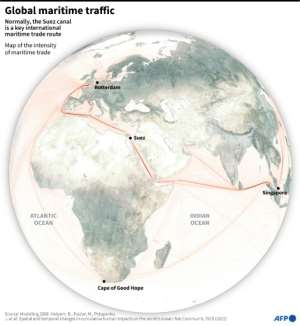 Map of the intensity of global maritime traffic and the importance of the Suez Canal.. By Patricio ARANA (AFP)