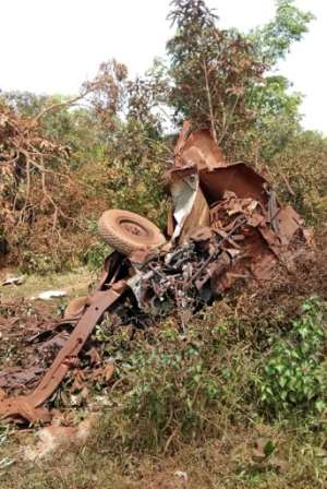 Wreckage of an army truck that struck a roadside bomb near Fada N'gourma, eastern Burkina Faso, on August 28. Seven members of the security forces were killed. By (BURKINA FASO'S ARMY PRESS OFFICE/AFP)