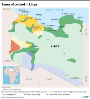 Map showing zones of control in Libya, as of April 5. By Thomas SAINT-CRICQ (AFP)