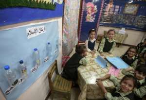 A classroom at the Mahaba school, where 3,000 pupils are educated, despite many of their parents being unable to afford fees. By Mohamed el-Shahed (AFP)