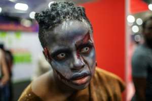 A cosplayer is dressed as a character from
