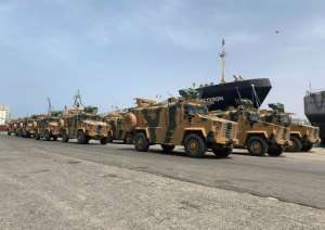 A Facebook page linked to the UN-recognized Libyan National Accord government shared a photo showing Turkish-made armored vehicles at the port of Tripoli.  By - (Media Office of 