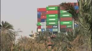 A grab from an AFPTV video taken on March 29, 2021, shows the bow of the Panama-flagged MV 'Ever Given' container ship heading north after it was fully dislodged from the banks of the Suez Canal. By - (AFP)