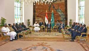 A handout picture provided by the Egyptian presidency President Abdel Fattah al-Sisi (C) hosting African leaders for summit talks on the upheaval in Sudan and Libya on Tuesday. By Handout (Egyptian Presidency/AFP)
