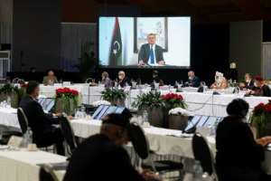 Abdul Hamid Mohammed Dbeibah delivers a speech via video link during a meeting of the Libyan Political Dialogue Forum. By Handout (UNITED NATIONS/AFP)