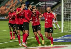 Al Ahly players celebrate a goal on the way to a victory they said was boosted by having fans in the stands. By - (AFP)