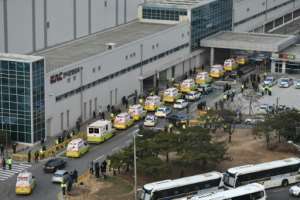 Ambulances are seen at Seoul Gimpo airport waiting for a plane carrying South Korean citizens repatriated from the Chinese city of Wuhan. By Jung Yeon-je (AFP)