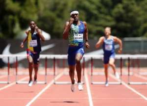American Rai Benjamin on the way to victory in the men's 400m hurdles at the Prefontaine Classic Diamond League meeting. By Lachlan Cunningham (GETTY IMAGES NORTH AMERICA/AFP)