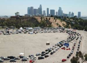 An aerial view shows a long line of cars at a COVID-19 testing site at Dodgers Stadium in Los Angeles, California, on July 15, 2020. By Robyn Beck (AFP)