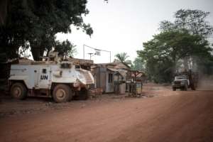 An armored vehicle of the UN Mission MINUSCA, keeping access to Bambari Hospital. By FLORENT VERGNES (AFP / File)