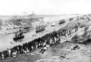 An archive photo from 1869 shows an unsigned painting of the inauguration of the Suez Canal. By - (AFP/File)
