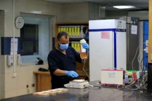 An Egyptian medical staff works on plasma received from a man who recovered from Covid-19 at the National Blood Transfusion centre in Cairo. By Khaled DESOUKI (AFP/File)