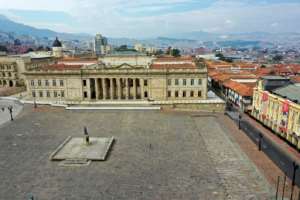 An empty Bolivar square in Bogota, after Colombian President Ivan Duque announced mandatory preventive isolation from March 24 to April 13. By Raul ARBOLEDA (AFP)