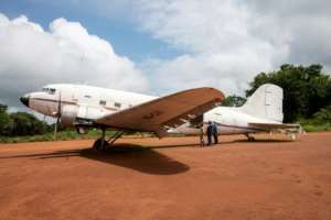 An old twin-engine DC2 plane at the Shilatembo site, symbolizing Lumumba's last flight.  By Samir Tounsi (AFP)