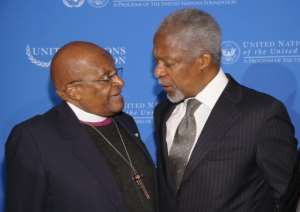 Annan pictured in 2012 with fellow Nobel laureate Desmond Tutu, who has called the ex-UN chief 