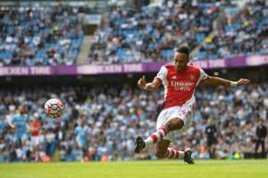 Arsenal forward Pierre-Emerick Aubameyang shoots during a 5-0 loss to Manchester City at the weekend. By Oli SCARFF (AFP)