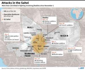 Map of Mali, Niger and Burkina Faso, locating the tri-border region where jihadist attacks have been intensifying. By Laurence SAUBADU (AFP)