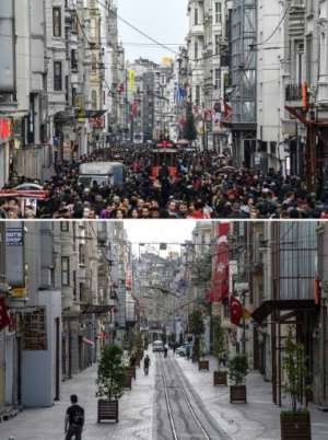 Before and after curfew: a combination picture shows the difference a four-day curfew makes in Istanbul's Istiklal avenue. By Ozan KOSE (AFP)