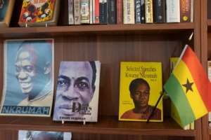 Books by author Kwame Nkrumah are displayed on a shelf in the Library of Africa and the African Diaspora (LOATAD) in Accra. By Nipah Dennis (AFP)