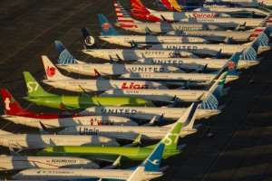 Boeing 737 MAX airplanes, photographed earlier this month, remain parked at Grant County International Airport in Moses Lake, Washington as the entire MAX fleet remains grounded. By David Ryder (GETTY IMAGES NORTH AMERICA/AFP/File)