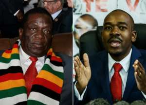 Both President Emmerson Mnangagwa, left, and opposition leader Nelson Chamisa, right, have said they are headed for victory in Zimbabwe's landmark elections. By Ahmed OULD MOHAMED OULD ELHADJ, Jekesai NJIKIZANA (AFP/File)