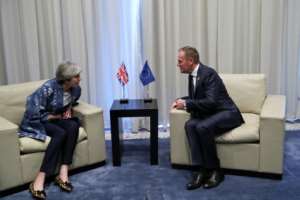 British Prime Minister Theresa May held talks on the sidelines of the summit as she tries to break the stalemate at home over Brexit. By Francisco Seco (POOL/AFP)