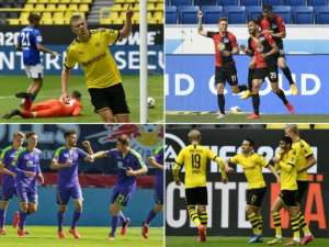 Bundesliga players celebrating goals, some practising social distancing -- such as Dortmund's Erling Braut, top left -- and some not. By MARTIN MEISSNER, THOMAS KIENZLE, JAN WOITAS (POOL/AFP)