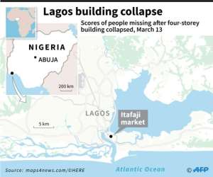 Close-up map of Lagos locating the area where a four-storey building collapsed with school children trapped.. By Sophie RAMIS (AFP)