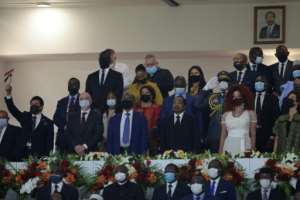 Cameroon's President Paul Biya (3R) and First Lady Chantal Biya attended the final along with FIFA chief Gianni Infantino (2L) and other dignitaries.  By Kenzo TRIBOUILLARD (AFP)