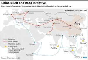 Chart on the mbadive investment project in China's infrastructure, including road, rail and sea routes around the world. By Laurence CHU (AFP)