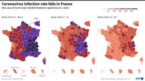 Maps showing Covid-19 infection rate per French department over the past 3 weeks. By (AFP)