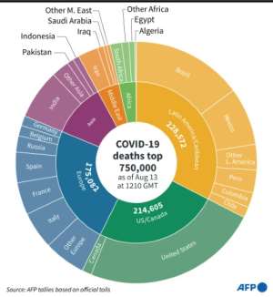 Number of COVID-19 cases worldwide as of Aug 13, deaths due to the disease, people cured and distribution of deaths by world region. By (AFP)