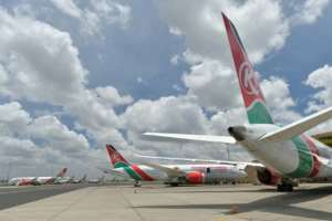 Covid casualty: Grounded Kenyan Airways planes at Nairobi airport last April. By TONY KARUMBA (AFP)
