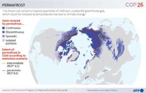 Current and projected extent of permafrost impact. By Kenan AUGEARD (AFP/File)
