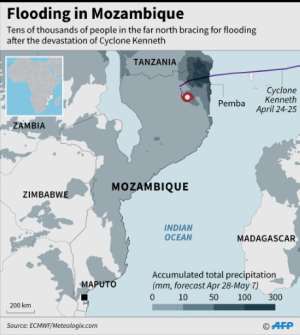 Map showing hurricane Kenneth's trajectory and accumulated precipitation forecasts. By (AFP)